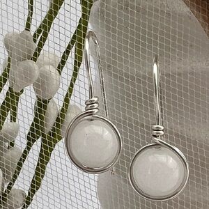 Artisan White Jade and Silver Wire Wrapped Earrings
